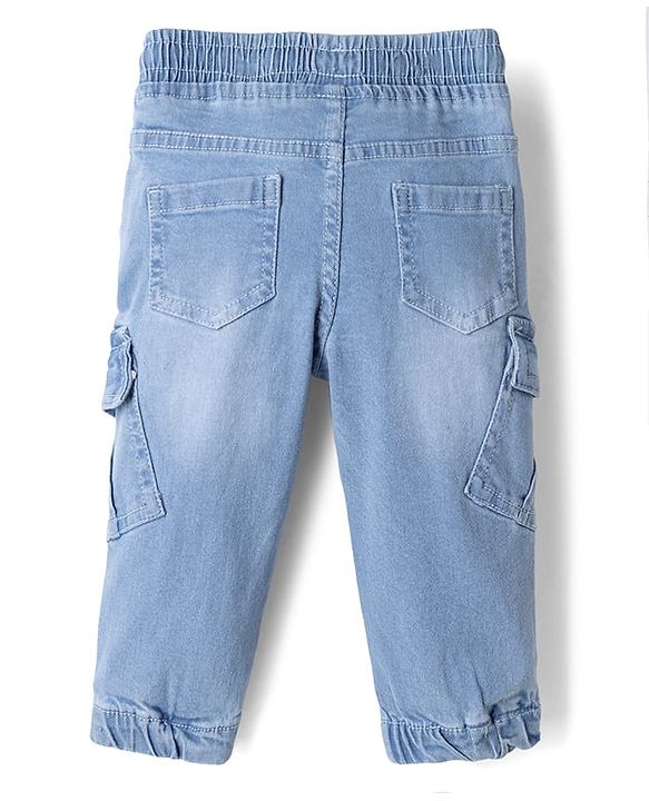 Babyhug Full Length Washed Denim Joggers with Stretch and Cargo Pockets - Blue