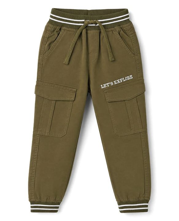 Babyhug Twill Woven Full Length Trousers with Pocket & Text Print - Olive Green