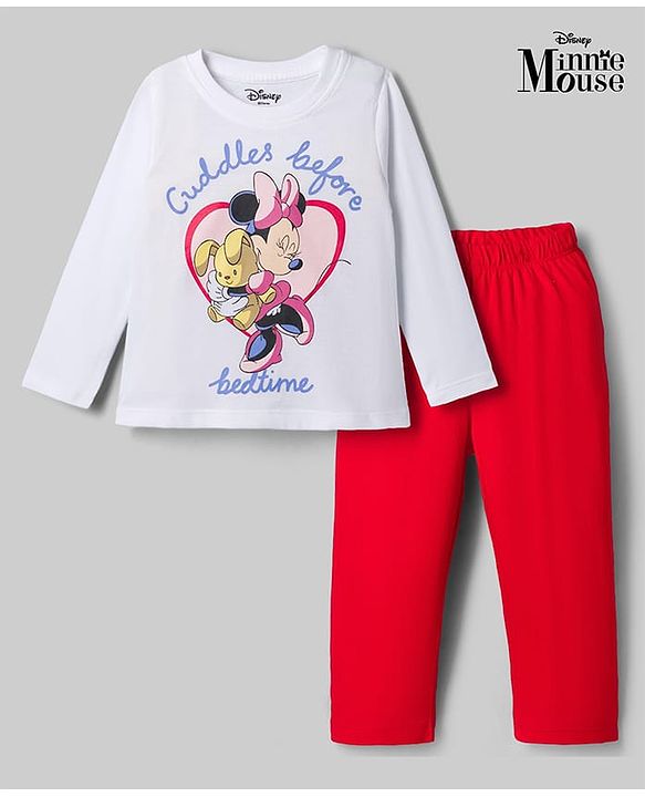 Babyhug Disney Single Jersey Knit Full Sleeves T-Shirt & Pyjama Night Suit with Minnie Mouse Graphic - White