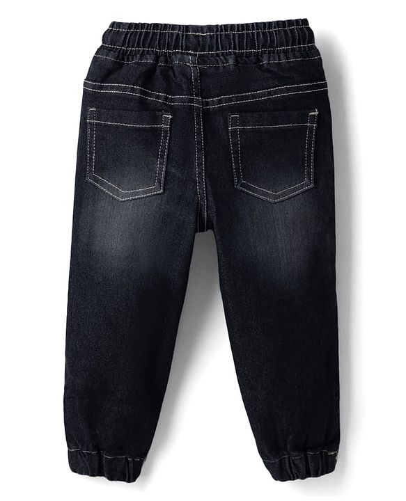 Babyhug Denim Woven Full Length Washed Joggers with Stretch - Black