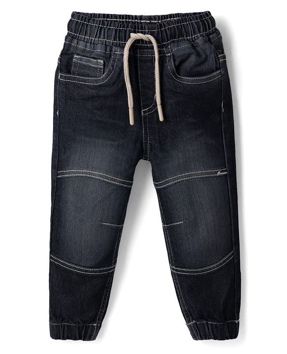 Babyhug Denim Woven Full Length Washed Joggers with Stretch - Black