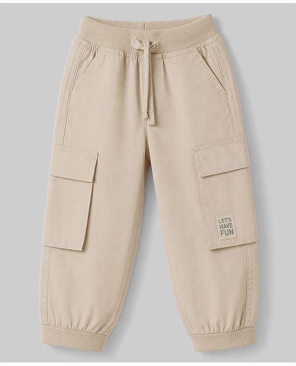 Babyhug Poplin 100% Cotton Woven Full Length Trousers with Text Patch & Cargo Pockets - Beige