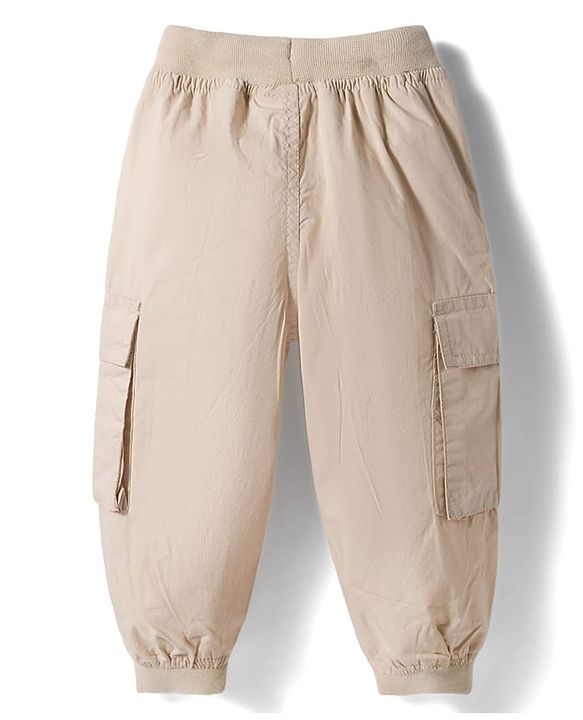 Babyhug Poplin 100% Cotton Woven Full Length Trousers with Text Patch & Cargo Pockets - Beige
