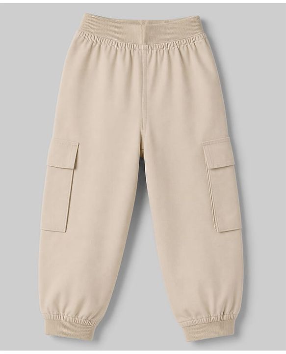 Babyhug Poplin 100% Cotton Woven Full Length Trousers with Text Patch & Cargo Pockets - Beige
