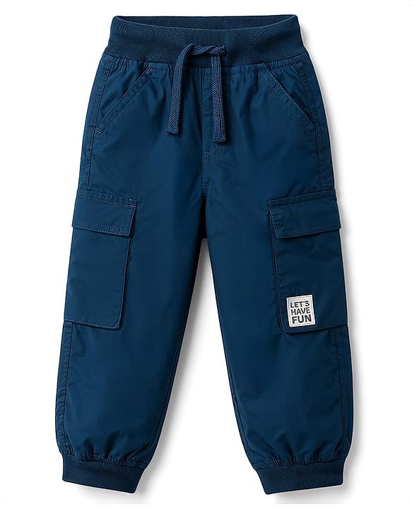 Babyhug Poplin 100% Cotton Woven Full Length Trousers with Text Patch & Cargo Pockets - Beige
