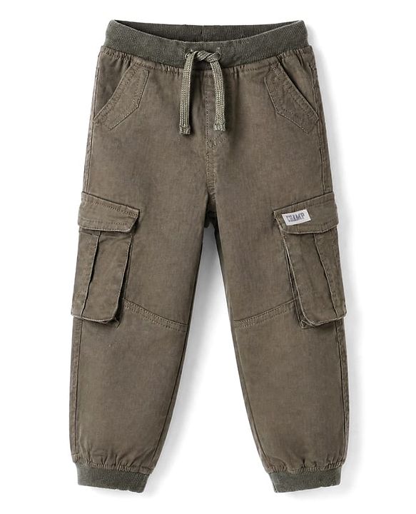 Babyhug Twill Woven Full Length Solid Color Trousers with Cargo Pockets - Olive Green