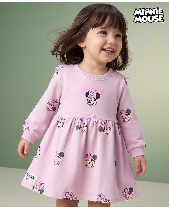 Babyhug Disney Terry Knit Full Sleeves Frock With Minnie Mouse Graphic - Pink