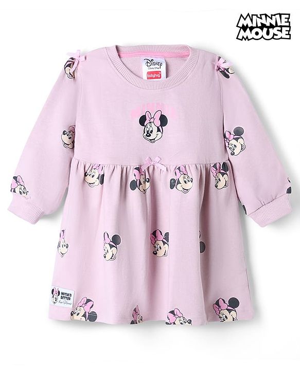 Babyhug Disney Terry Knit Full Sleeves Frock With Minnie Mouse Graphic - Pink