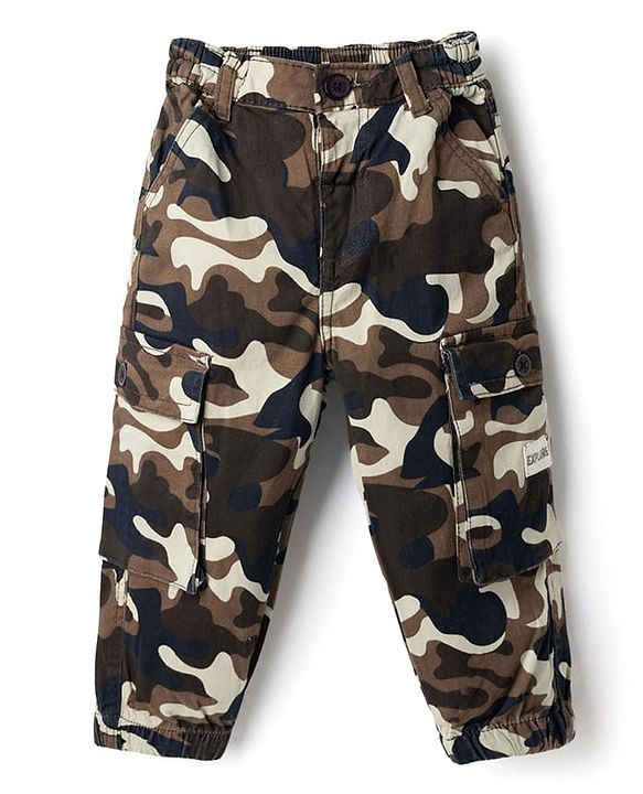 Babyhug Twill Woven Full Length Camouflage Trousers with Stretch & Pockets - Beige & Brown