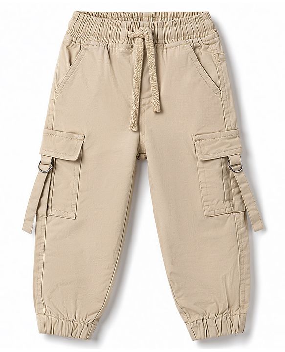 Babyhug Twill Woven Full Length Solid Color Trousers with  Cargo Pockets - Beige