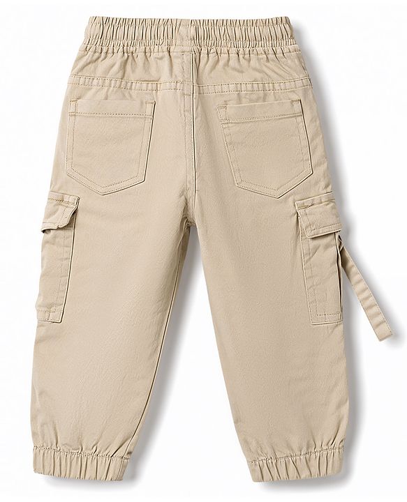Babyhug Twill Woven Full Length Solid Color Trousers with  Cargo Pockets - Beige