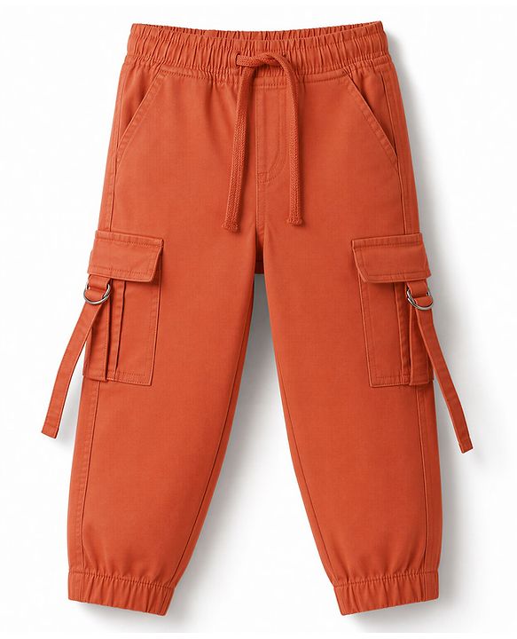 Babyhug Twill Woven Full Length Solid Color Trousers with  Cargo Pockets - Beige