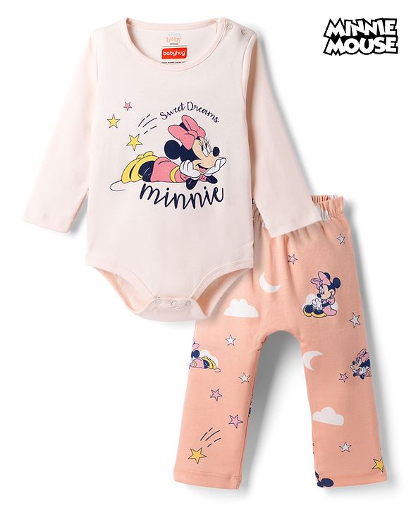 Babyhug Disney Interlock Knit Full Sleeves Onesie With Diaper Legging and Minnie Mouse Graphic - Pink
