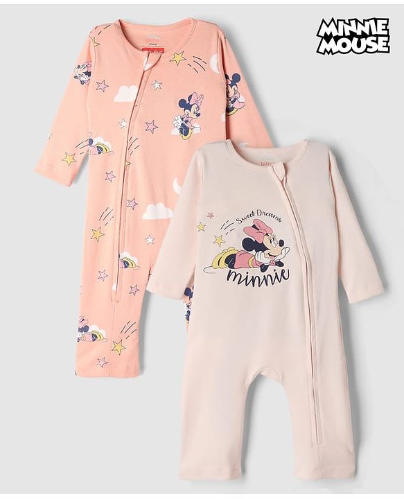 Babyhug Disney Interlock Knit Full Sleeve Rompers With Minnie Mouse Graphic Pack of 2 - Peach & Pink