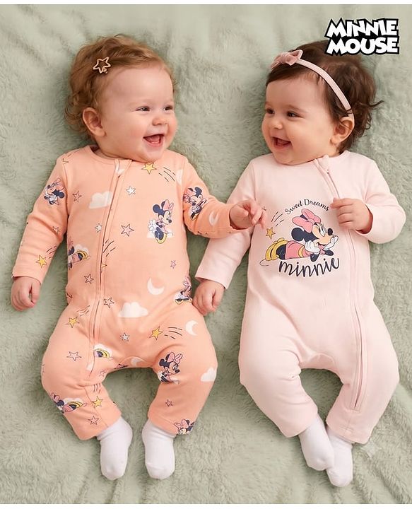 Babyhug Disney Interlock Knit Full Sleeve Rompers With Minnie Mouse Graphic Pack of 2 - Peach & Pink