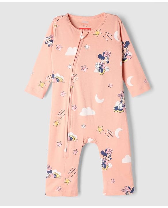Babyhug Disney Interlock Knit Full Sleeve Rompers With Minnie Mouse Graphic Pack of 2 - Peach & Pink