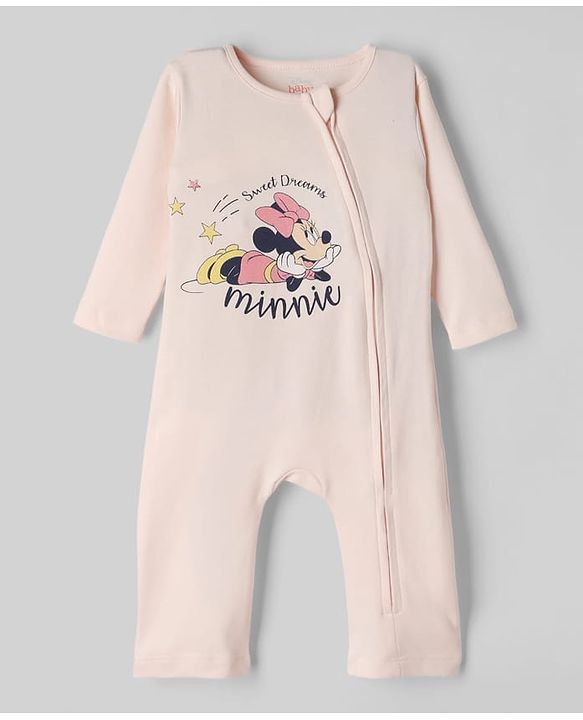 Babyhug Disney Interlock Knit Full Sleeve Rompers With Minnie Mouse Graphic Pack of 2 - Peach & Pink
