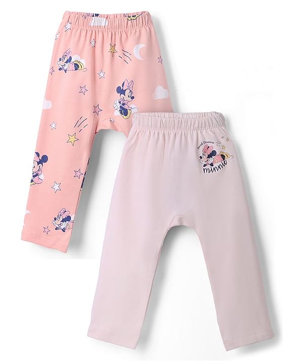 Babyhug Disney 100% Cotton Interlock Knit Full Length Diaper Leggings with Minnie Mouse Graphic Print Pack of 2 - Pink