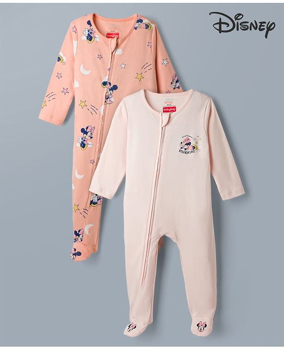 Babyhug Disney Preemie Interlock Knit Full Sleeves Sleep Suit with Minnie Mouse Print Pack of 2 - Pink