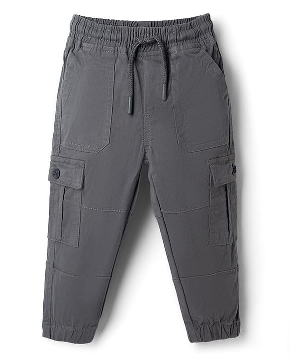 Babyhug Twill Woven Full Length Trousers with Stretch & Pockets - Grey