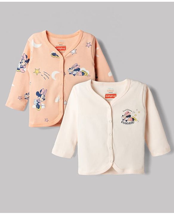 Babyhug Disney Interlock Knit Full Sleeves Jhablas with Minnie Mouse Graphics Pack of 2 - Peach & Cream