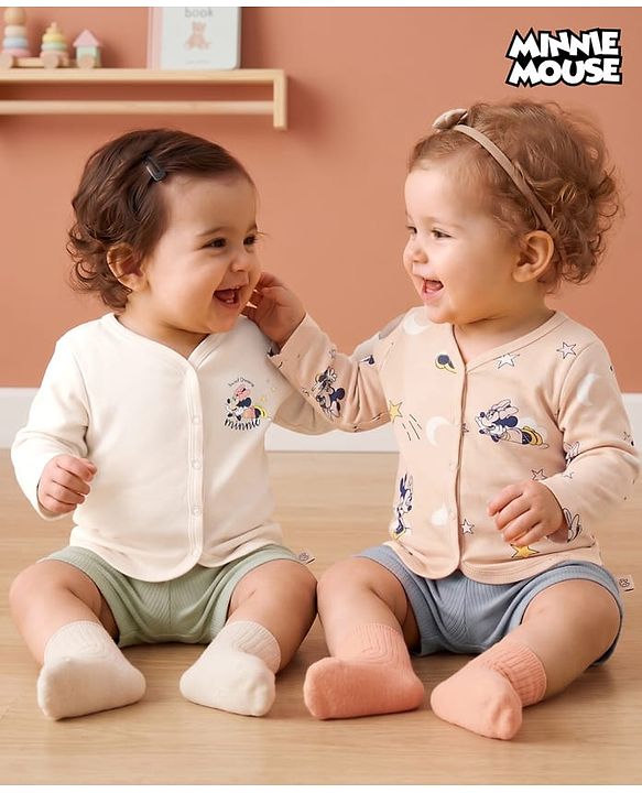 Babyhug Disney Interlock Knit Full Sleeves Jhablas with Minnie Mouse Graphics Pack of 2 - Peach & Cream