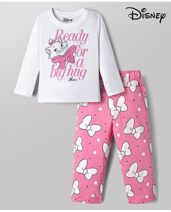 Babyhug Disney Single Jersey Knit Full Sleeves T-Shirt & Pyjama Night Suit with Marie Graphic - White