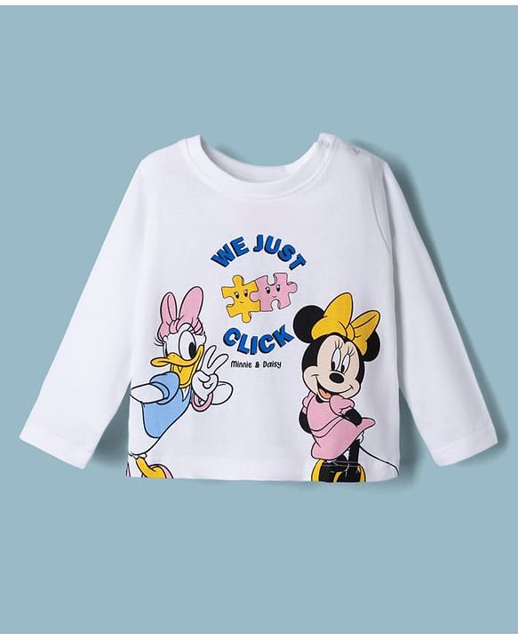 Babyhug Single Jersey Knit Full Sleeves T-Shirt & Pyjama Night Suit with Minnie & Daisy Print - White