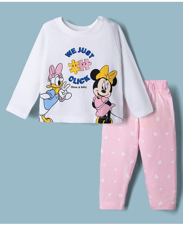 Babyhug Single Jersey Knit Full Sleeves T-Shirt & Pyjama Night Suit with Minnie & Daisy Print - White