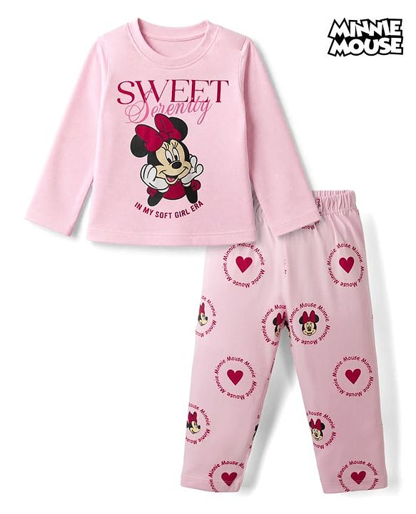Babyhug Disney Single Jersey Knit Full Sleeves T-Shirt & Pyjama Night Suit with Minnie Mouse Print - Pink