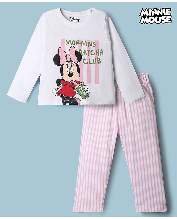 Babyhug Disney Single Jersey Knit Full Sleeves T-Shirt & Striped Pyjama Night Suit with Minnie Mouse Print - White