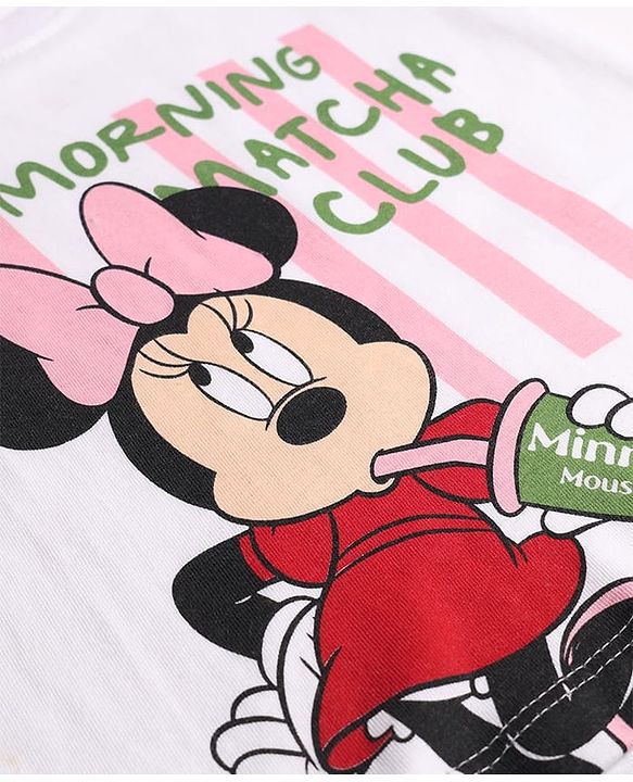 Babyhug Disney Single Jersey Knit Full Sleeves T-Shirt & Striped Pyjama Night Suit with Minnie Mouse Print - White