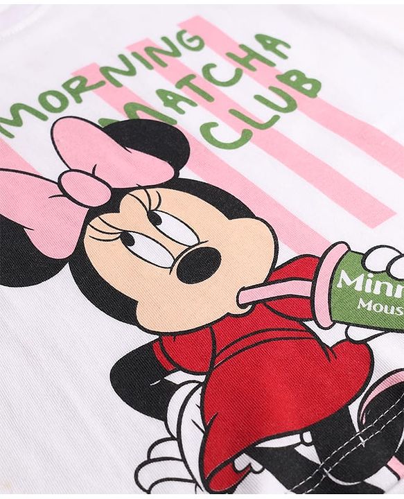 Babyhug Disney Single Jersey Knit Full Sleeves T-Shirt & Striped Pyjama Night Suit with Minnie Mouse Print - White