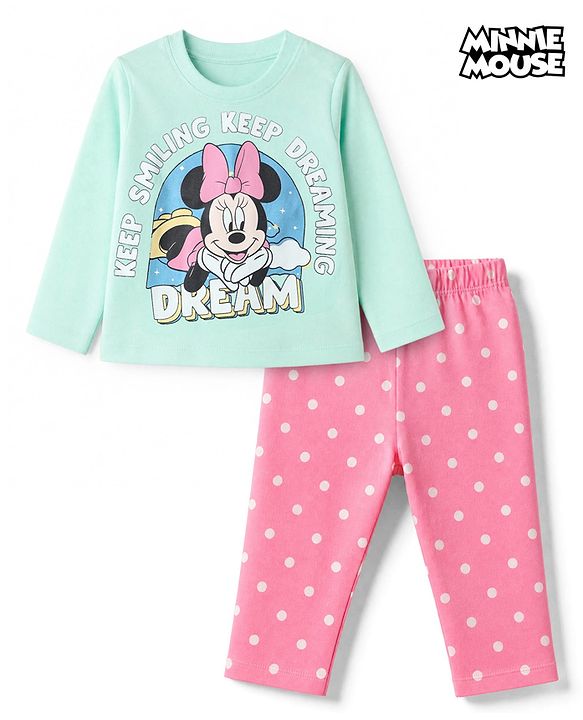 Babyhug Disney 100% Cotton Single Jersey Knit Full Sleeves T-Shirt & Pyjama Night Suit with Mickey Minnie Mouse Graphics - Sea Green