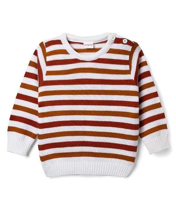 Babyhug Knit Full Sleeves Striped Sweater Set - Rust Orange