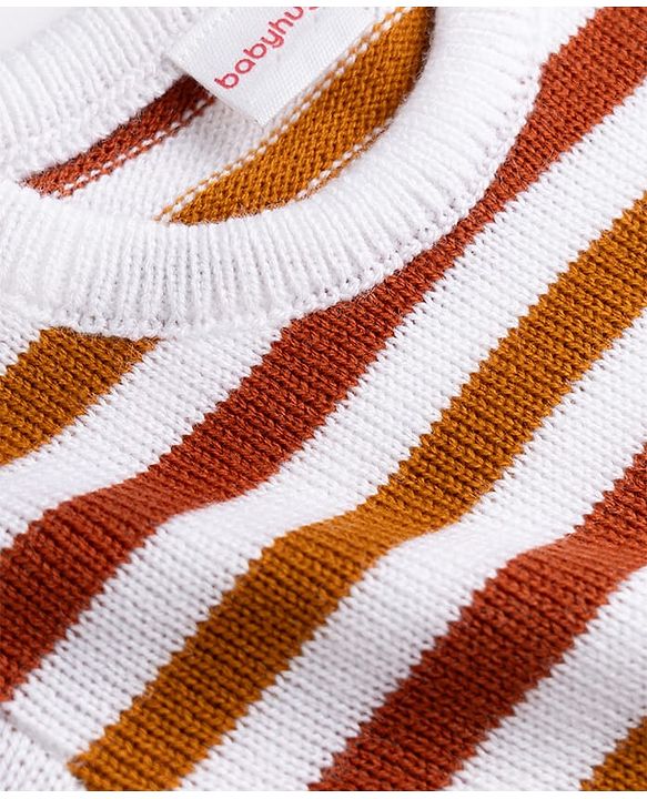 Babyhug Knit Full Sleeves Striped Sweater Set - Rust Orange