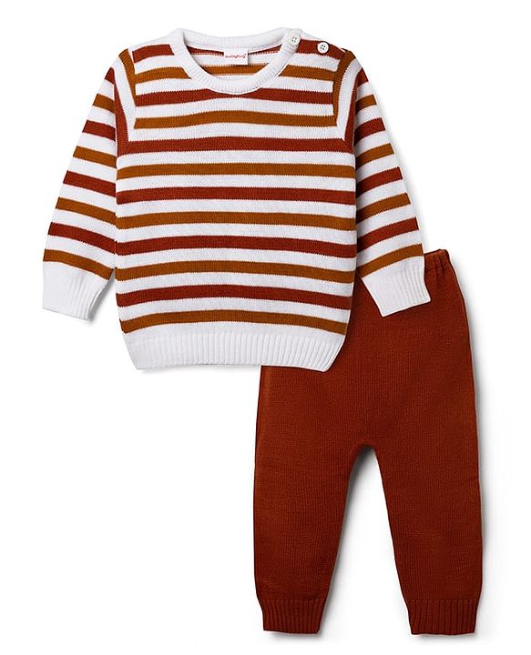 Babyhug Knit Full Sleeves Striped Sweater Set - Rust Orange