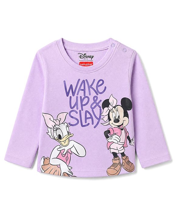 Babyhug Disney 100% Cotton Single Jersey Knit Full Sleeve T-Shirt Pyjama Night Suit With Minnie & Friends Graphic in Purple