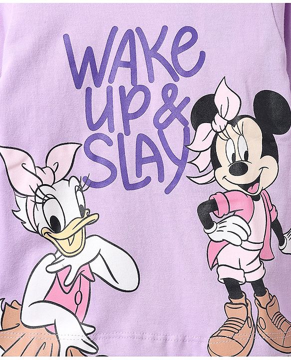 Babyhug Disney 100% Cotton Single Jersey Knit Full Sleeve T-Shirt Pyjama Night Suit With Minnie & Friends Graphic in Purple