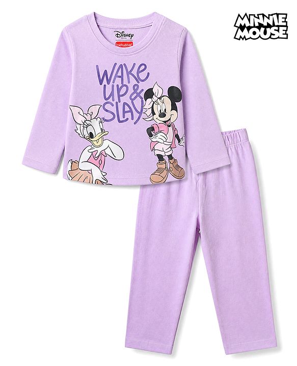Babyhug Disney 100% Cotton Single Jersey Knit Full Sleeve T-Shirt Pyjama Night Suit With Minnie & Friends Graphic in Purple