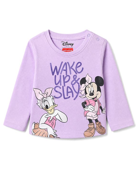 Babyhug Disney 100% Cotton Single Jersey Knit Full Sleeve T-Shirt Pyjama Night Suit With Minnie & Friends Graphic in Purple