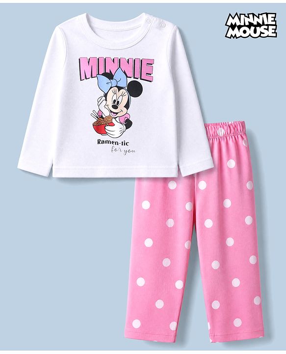 Babyhug Disney 100% Cotton Single Jersey Knit Full Sleeves T-Shirt & Pajama Night Suit with Minnie Mouse and Polka Dots Graphic Print - White & Pink