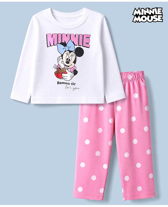 Babyhug Disney 100% Cotton Single Jersey Knit Full Sleeves T-Shirt & Pajama Night Suit with Minnie Mouse and Polka Dots Graphic Print - White & Pink