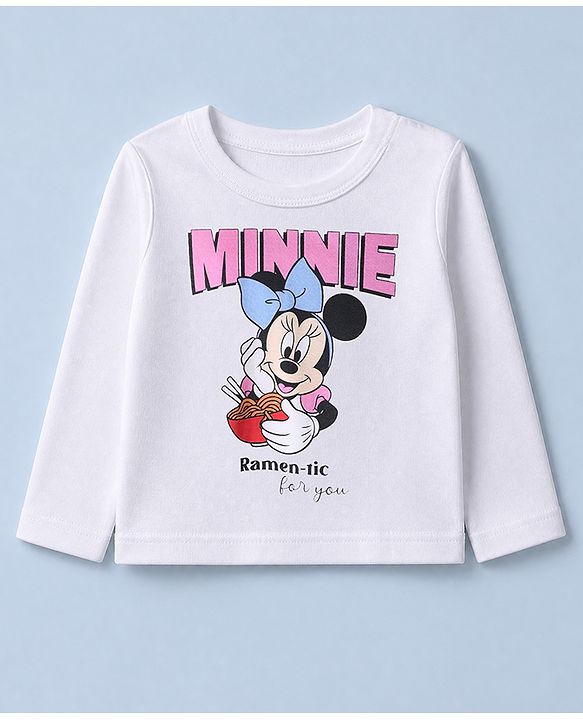 Babyhug Disney 100% Cotton Single Jersey Knit Full Sleeves T-Shirt & Pajama Night Suit with Minnie Mouse and Polka Dots Graphic Print - White & Pink