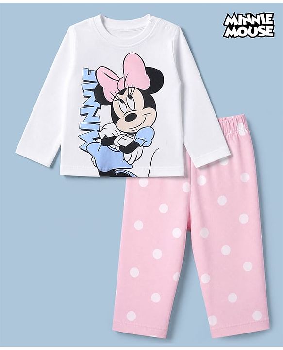 Babyhug Disney 100% Cotton Single Jersey Knit Full Sleeves T-Shirt & Pyjama Night Suit with Polka Dots & Minnie Mouse Print - White