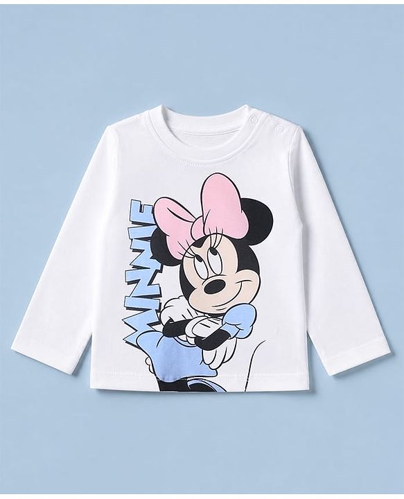 Babyhug Disney 100% Cotton Single Jersey Knit Full Sleeves T-Shirt & Pyjama Night Suit with Polka Dots & Minnie Mouse Print - White
