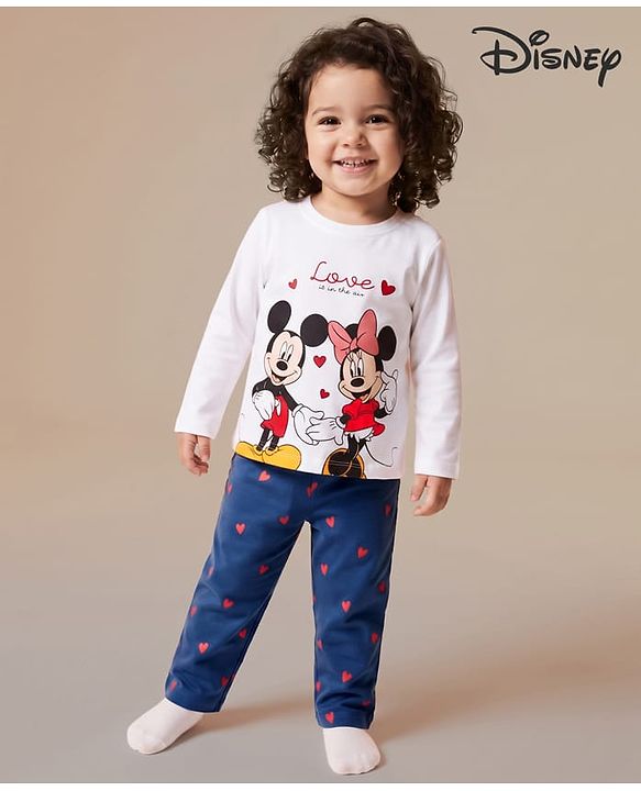 Babyhug Disney 100% Cotton Single Jersey Knit Full Sleeve T Shirt Pyjama Set With Minnie & Friends Graphic Print - Navy Blue
