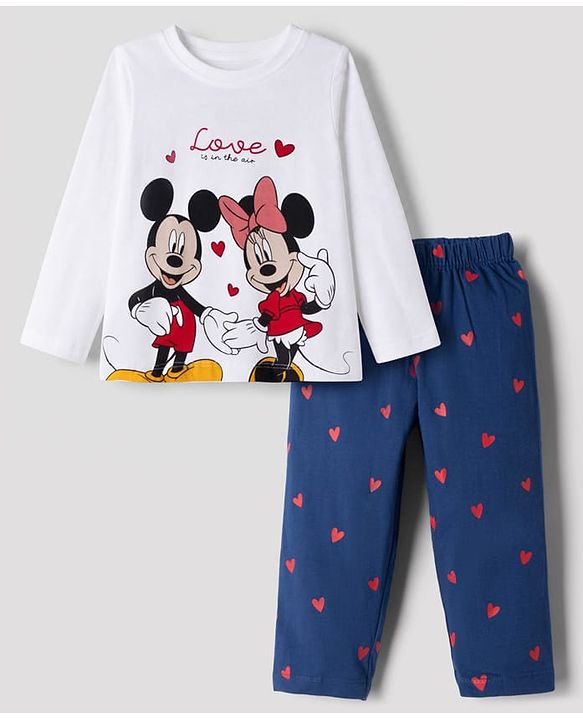 Babyhug Disney 100% Cotton Single Jersey Knit Full Sleeve T Shirt Pyjama Set With Minnie & Friends Graphic Print - Navy Blue