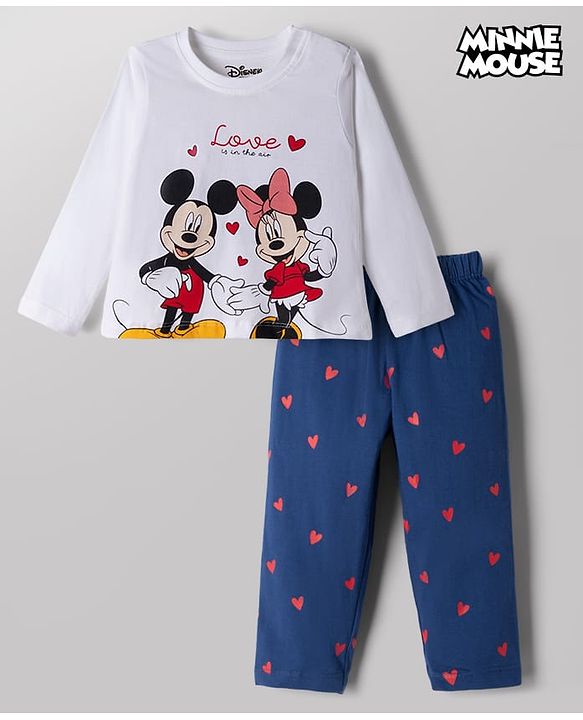 Babyhug Disney 100% Cotton Single Jersey Knit Full Sleeve T Shirt Pyjama Set With Minnie & Friends Graphic Print - Navy Blue