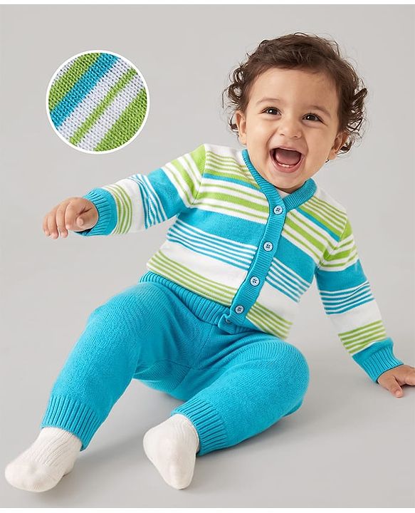 Babyhug Knit Full Sleeves Striped Sweater Set - Limegreen